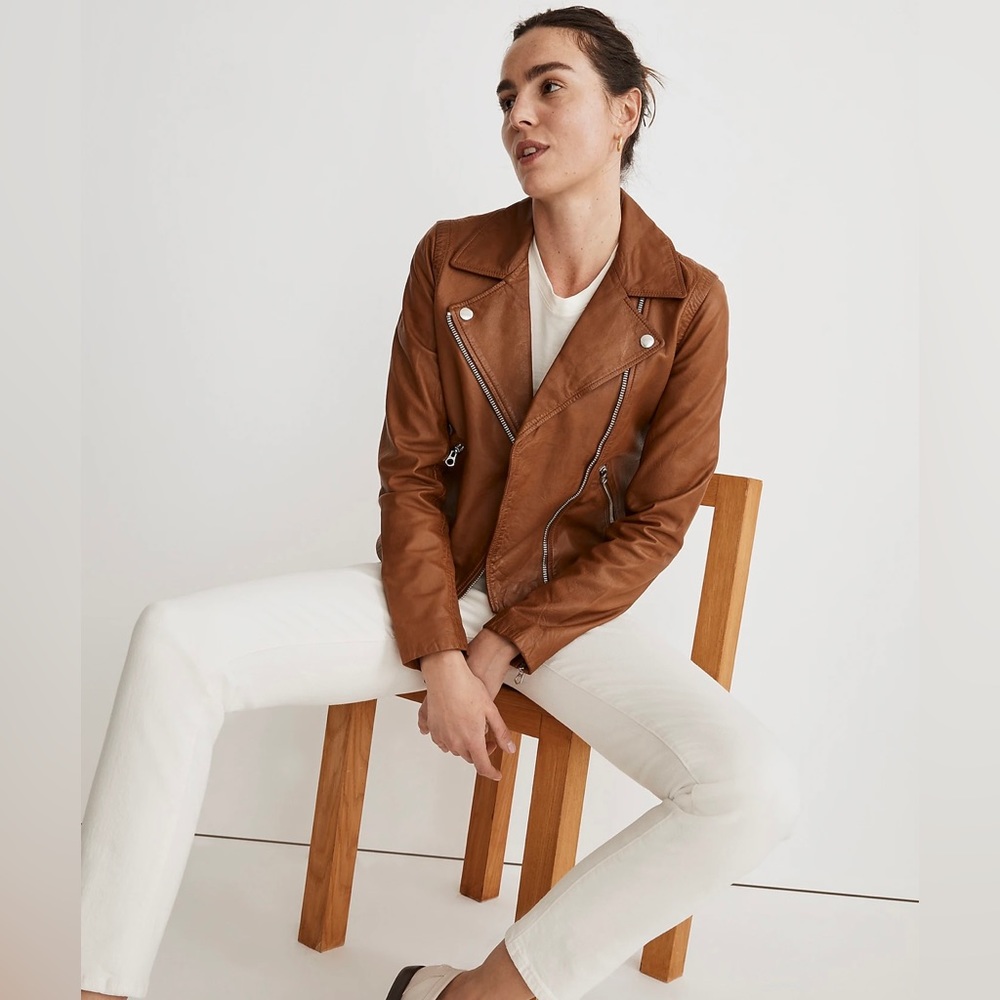 Madewell washed leather motorcycle jacket in dried cedar size S